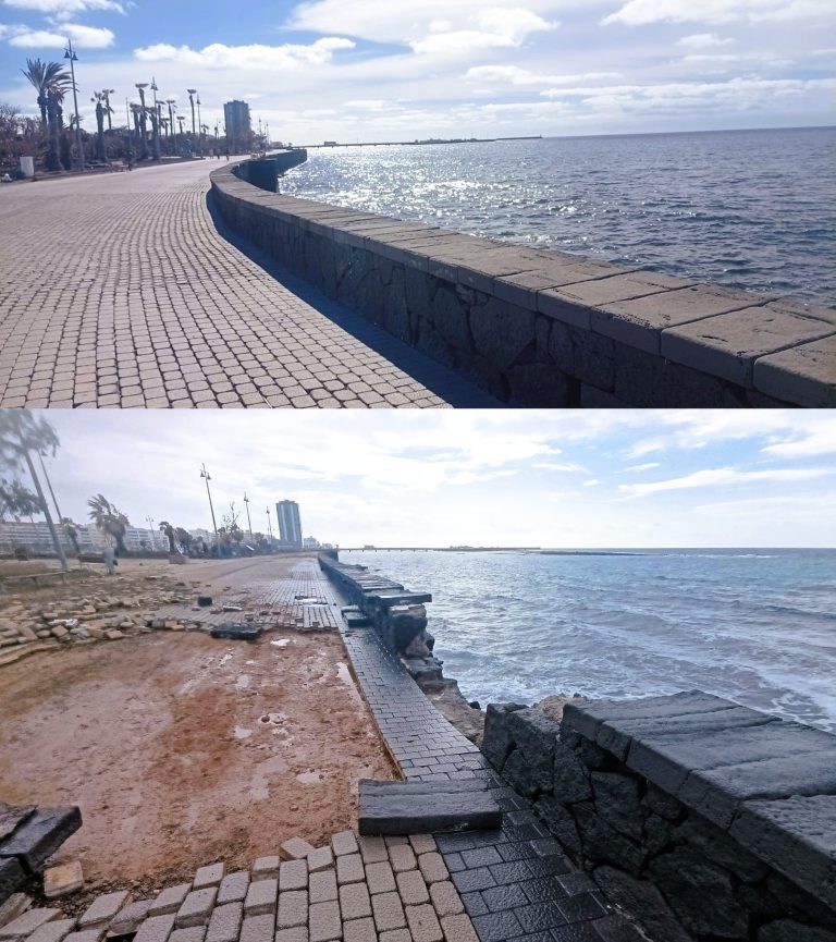 Imagen del paseo marítimo en la Punta del Camello, donde se aprecia el daño por la borrasca, y la reparación concluida esta semana por el Ayuntamiento de Arrecife