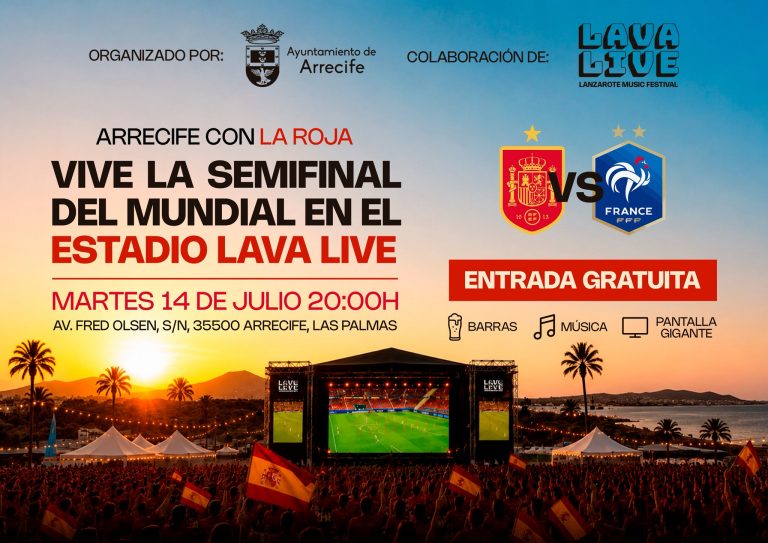 El Ayuntamiento de Arrecife organiza, con la colaboración del Lava Live, esta gran quedada para seguir en pantallas gigantes esta emocionante semifinales del mundial 2026