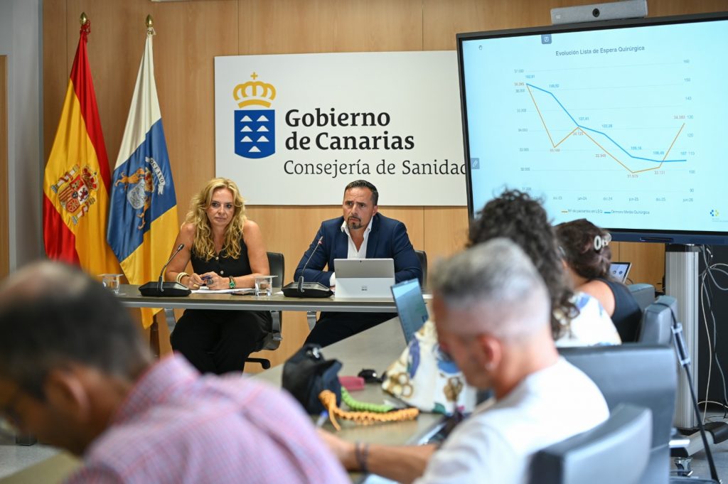 Esther Monzón y Adasat Goya durante la presentación del balance de listas de espera sanitarias de Canarias.