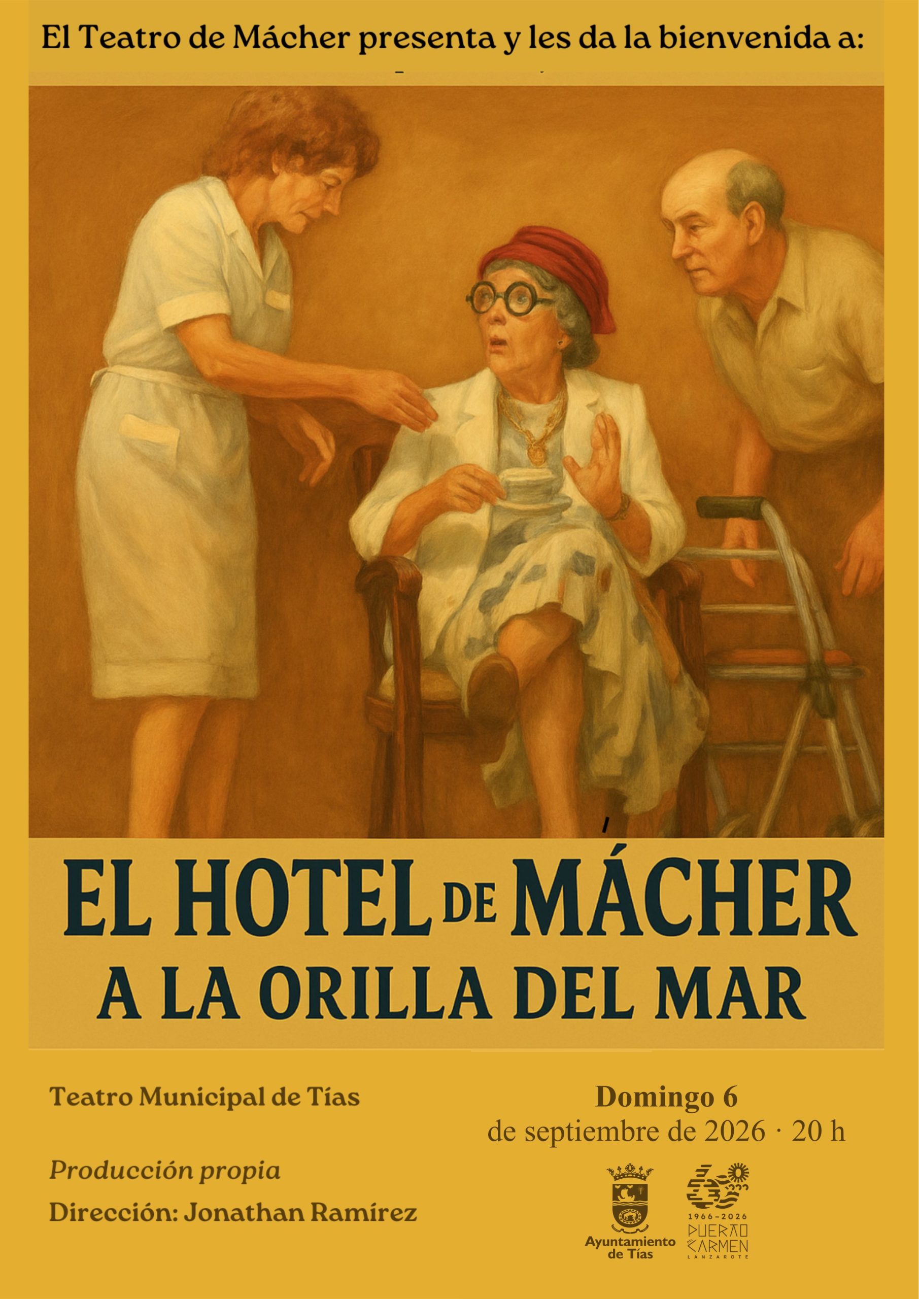 Intérpretes del Grupo de Teatro de Mácher durante la comedia El Hotel de Mácher, a la orilla del mar