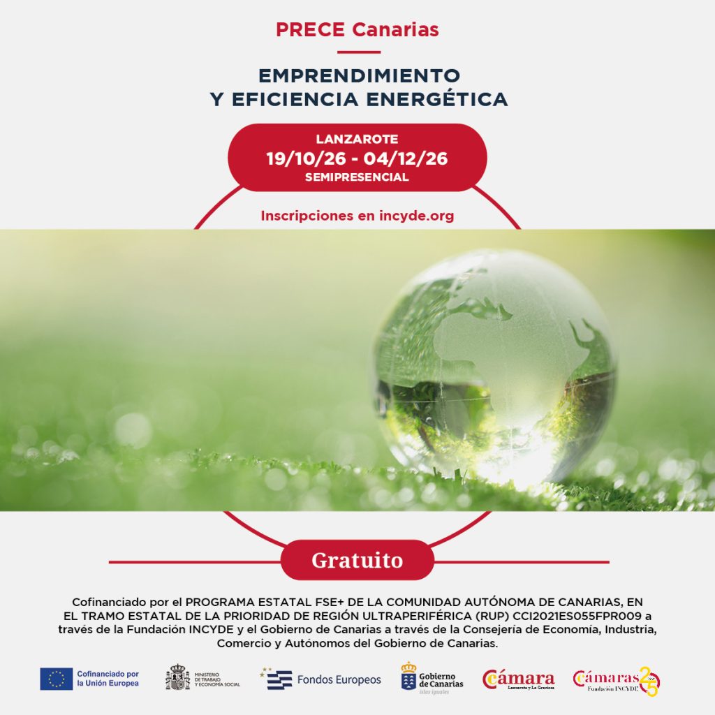 Cartel del programa gratuito PRECE Canarias de emprendimiento y eficiencia energética en Lanzarote, del 19 de octubre al 4 de diciembre de 2026