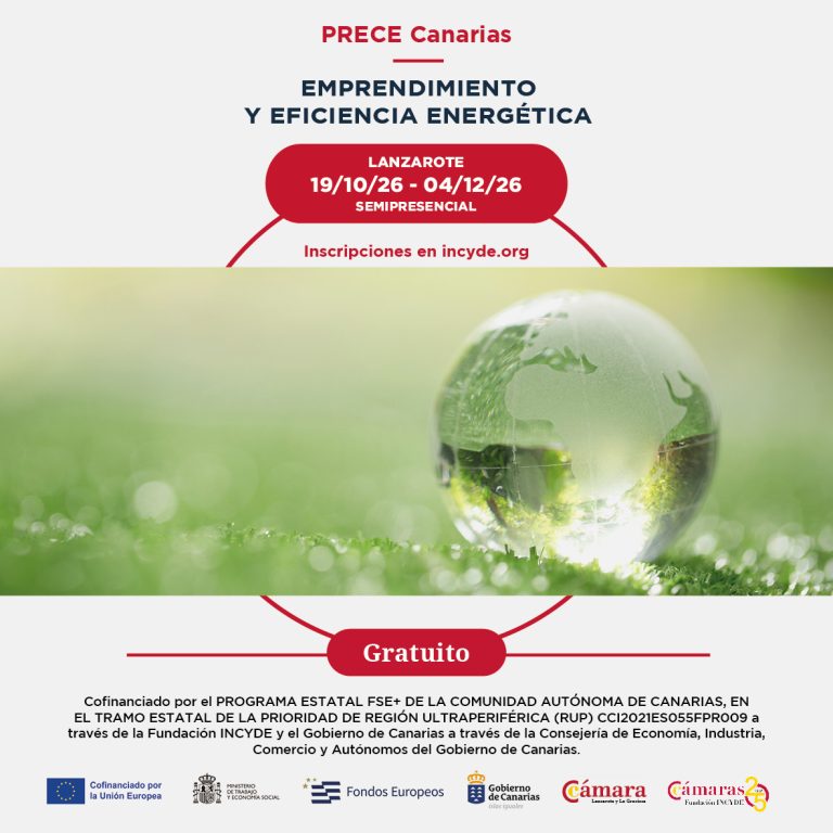 Cartel del programa gratuito PRECE Canarias de emprendimiento y eficiencia energética en Lanzarote, del 19 de octubre al 4 de diciembre de 2026