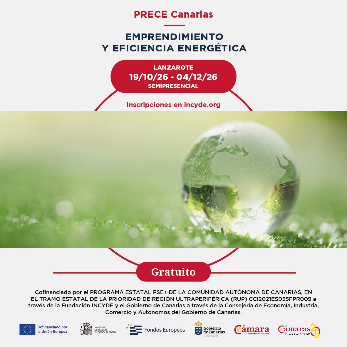 Cartel del programa gratuito PRECE Canarias de emprendimiento y eficiencia energética en Lanzarote, del 19 de octubre al 4 de diciembre de 2026