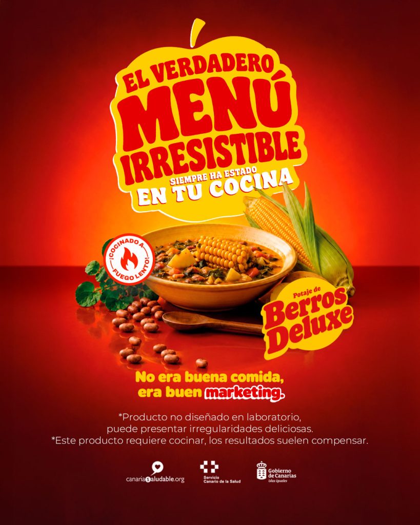 Cartel oficial de la campaña «No era buena comida, era buen marketing» sobre alimentación saludable.