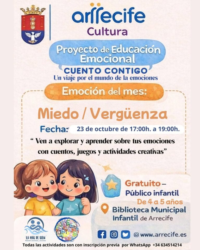 Cartel del taller Cuento Contigo sobre miedo y vergüenza en la Biblioteca Municipal Infantil de Arrecife