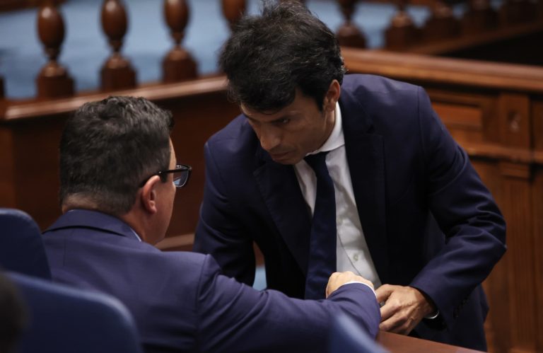 Marcos Bergaz (PSOE) junto al consejero Pablo Rodríguez (CC) en el Parlamento de Canarias