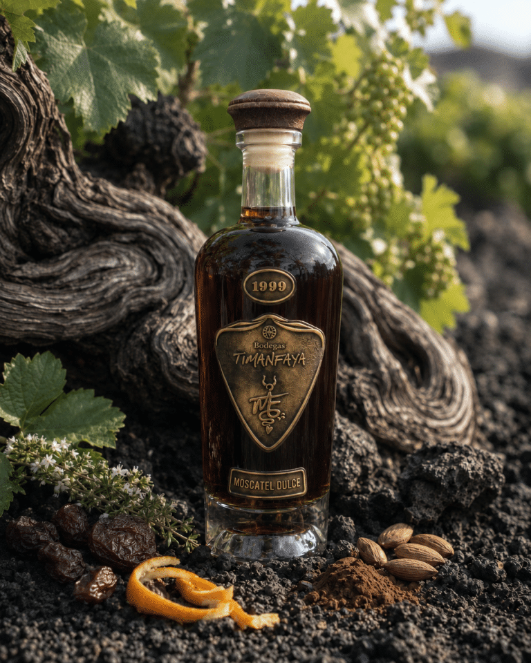 Botella de Timanfaya Dulce Selección 1999 entre viñas y piedra volcánica